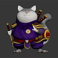 Anthropomorphic Cat Game Movie Character In Purple Outfit With Swords And Decorative Backpack