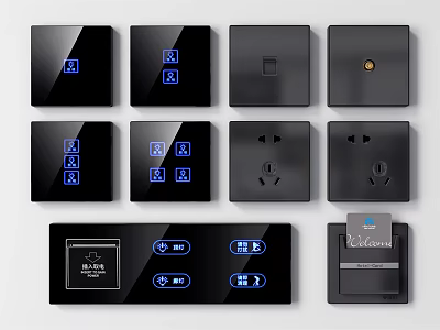 Sleek Black Smart Switch Panels With LED Indicators Multiple Functions And Sockets 3d model