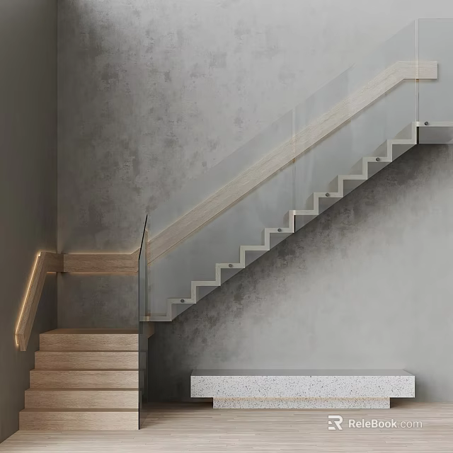 Modern Spiral Staircase With Wooden Steps And Glass Railing Against Gray Wall Design 3d model 
