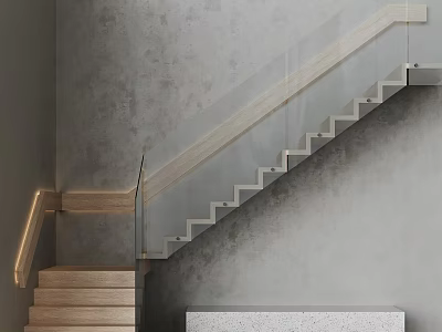 Modern Spiral Staircase With Wooden Steps And Glass Railing Against Gray Wall Design 3d model