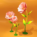 Vibrant Pink Flowers With Green Stems And Leaves On Orange Background