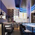 Modern Restaurant Interior Design With Open Kitchen Bar Seating And Stylish Lighting 3d model