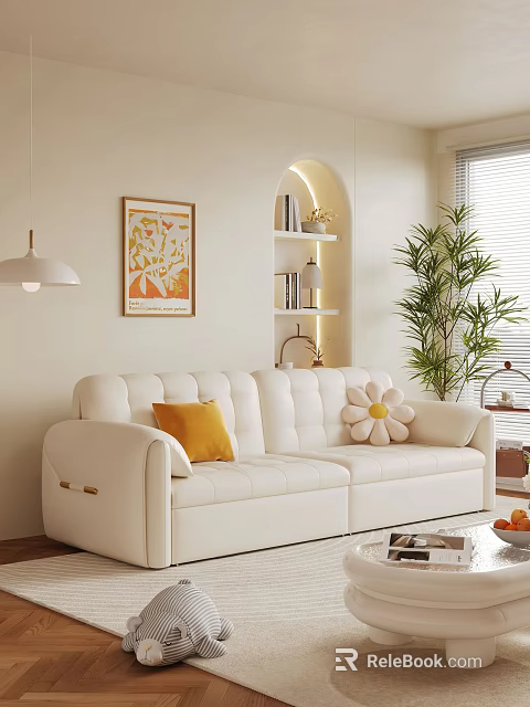White Double Sofa with Orange and Flower Cushions in Modern Living Room with Green Plant 3d model 