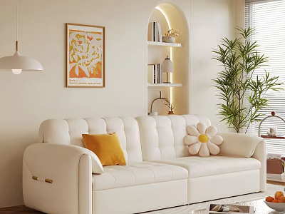 White Double Sofa with Orange and Flower Cushions in Modern Living Room with Green Plant 3d model