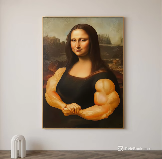 Mona Lisa Artistic Portrait With Muscular Arms And Classic Landscape Background 3d model 