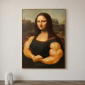 Mona Lisa Artistic Portrait With Muscular Arms And Classic Landscape Background