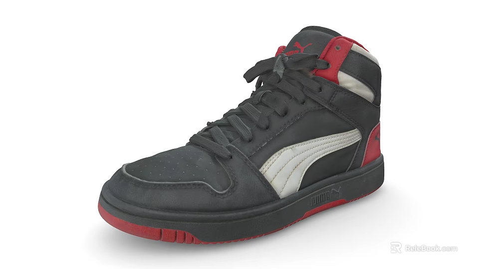 PUMA High-top Leather Sneakers With Black Red And White Lace Up Design 3d model 