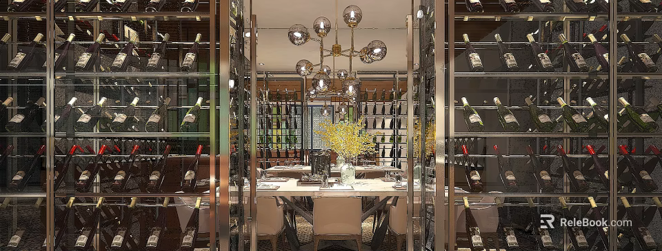 Elegant Private Dining Room With Glass Wine Racks Modern Chandelier And Dining Table 3d model 