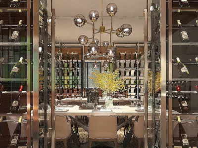 Elegant Private Dining Room With Glass Wine Racks Modern Chandelier And Dining Table 3d model