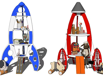 Colorful Rocket Shaped Storage Shelving Unit for Kids Room with Stuffed Toys and Decorative Items 3d model