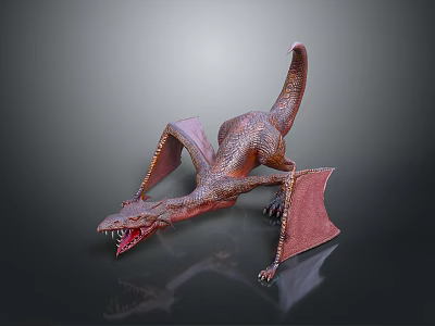 3D Rendered Red Dragon with Open Mouth Sharp Teeth and Wings Lying on Smooth Surface 3d model