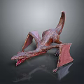 3D Rendered Red Dragon with Open Mouth Sharp Teeth and Wings Lying on Smooth Surface