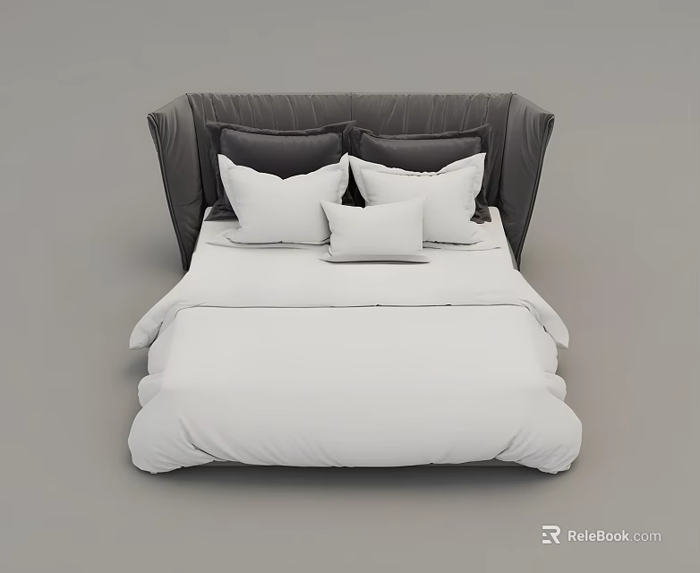 Double Bed with White Bed Sheets Comforter and Dark Gray Headboard Pillows 3d model