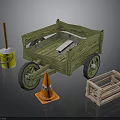 Wooden Cart With Yellow Bucket Orange Traffic Cone And Wooden Crate
