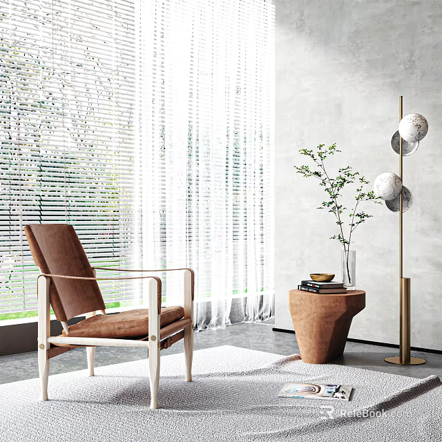 Brown Leisure Chair With Wooden Frame And Side Table Near Window Blinds And Plant 3d model 