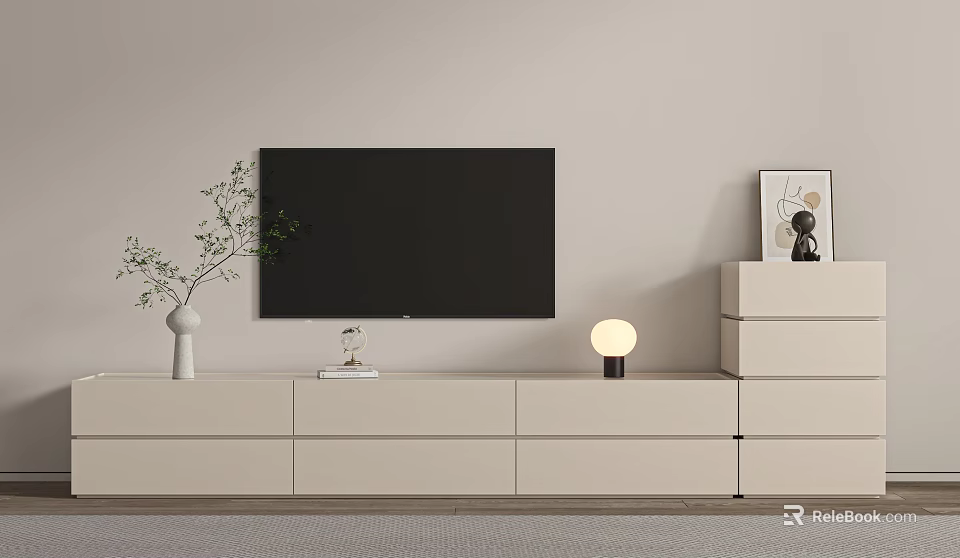 Modern TV Stand With Flat Screen TV Decorative Vase And Round Lamp In Living Room 3d model 