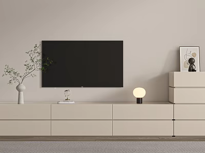 Modern TV Stand With Flat Screen TV Decorative Vase And Round Lamp In Living Room 3d model