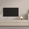 Modern TV Stand With Flat Screen TV Decorative Vase And Round Lamp In Living Room