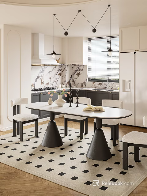 Modern Restaurant Interior With Black And White Checkerboard Floor Round Dining Table And Marble Backsplash 3d model 