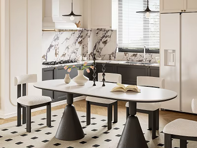 Modern Restaurant Interior With Black And White Checkerboard Floor Round Dining Table And Marble Backsplash 3d model