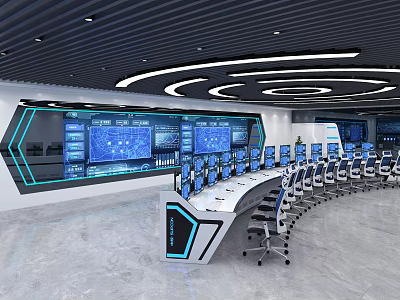 Modern Control Room Interior Design with Monitoring Screens Control Consoles and Ergonomic Chairs 3d model