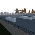 Modern Wavy Landscape Bridge With White Railings Water Surface Trees And Blue Sky