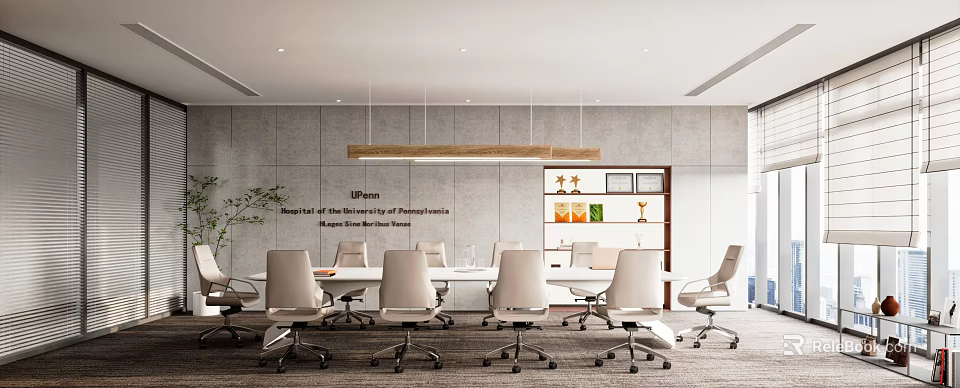 Modern Conference Room Interior With Long Table White Chairs Wooden Pendant Light And Trophy Shelf 3d model 