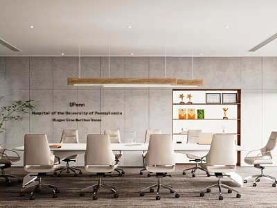 Modern Conference Room Interior With Long Table White Chairs Wooden Pendant Light And Trophy Shelf 3d model
