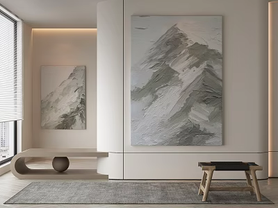 Modern Interior Decor With Two Mountain Paintings Wooden Bench Small Stool Gray Rug And Window 3d model