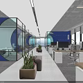 Open Public Office Interior With Blue Walls Glass Partitions Green Plants Desks Computers And Sofa