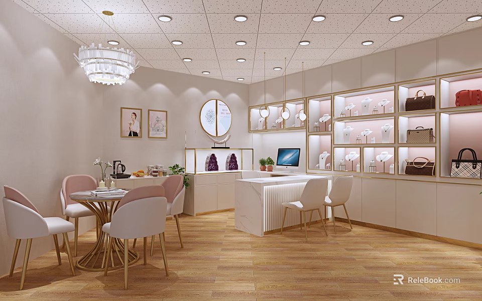 Elegant Boutique Interior With Chandelier Display Cabinets Tables Chairs Wooden Flooring And Round Mirror 3d model 