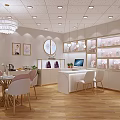 Elegant Boutique Interior With Chandelier Display Cabinets Tables Chairs Wooden Flooring And Round Mirror