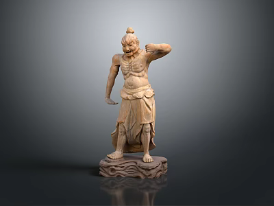 Man in wooden sculpture with standing pose one hand raised near head and carved base 3d model
