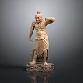 Man in wooden sculpture with standing pose one hand raised near head and carved base