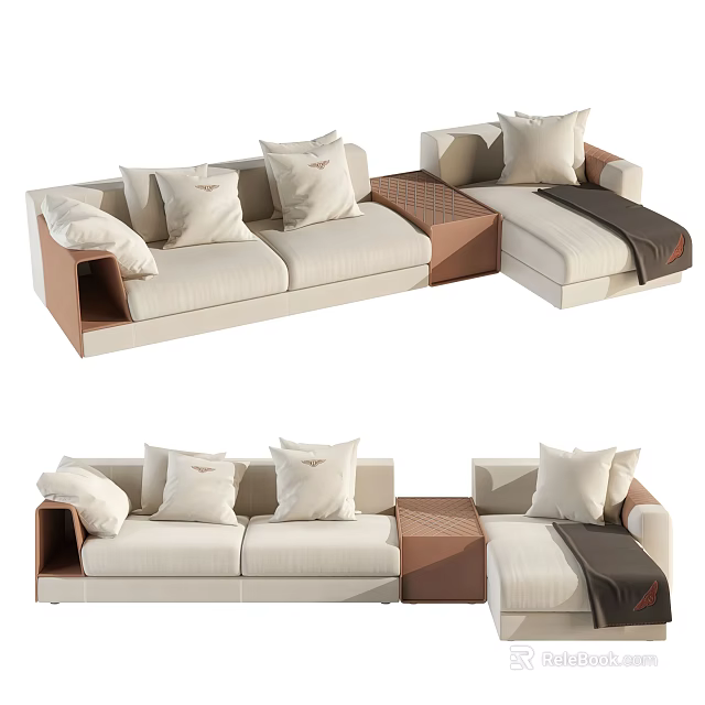 Modern Sectional Sofa with Beige Upholstery Multiple Pillows Wooden Armrests and Cozy Throw Blanket 3d model 