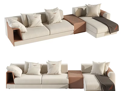 Modern Sectional Sofa with Beige Upholstery Multiple Pillows Wooden Armrests and Cozy Throw Blanket 3d model