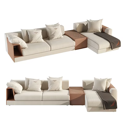 Modern Sectional Sofa with Beige Upholstery Multiple Pillows Wooden Armrests and Cozy Throw Blanket 3d model