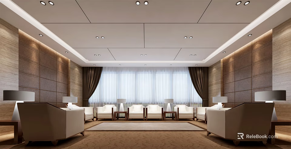 Modern Hotel Public Lounge Interior Design With Plush Sofas Large Windows And Curtains 3d model