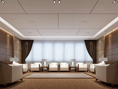 Modern Hotel Public Lounge Interior Design With Plush Sofas Large Windows And Curtains 3d model
