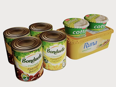 Bondville Premium Canned Fruits And Cotti Fresh Cream With Runa Organic Food In Yellow Box 3d model