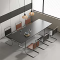 Black Rectangular Dining Table Set with Six Metal Frame Chairs Brown Seats and Pendant Lights 3d model