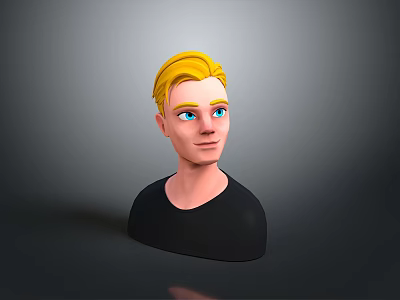 3D Model Man With Blonde Hair Blue Eyes And Black Shirt On Gray Background 3d model