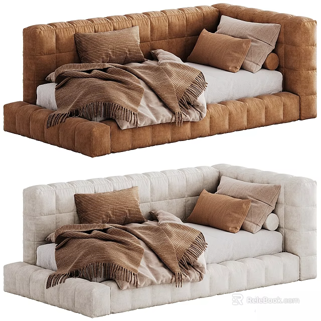 Upholstered Kids Bed in Brown and Beige Colors with Pillows and Blanket 3d model 