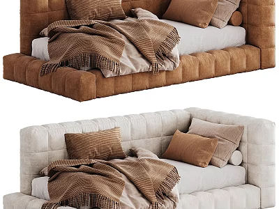 Upholstered Kids Bed in Brown and Beige Colors with Pillows and Blanket 3d model