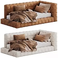 Upholstered Kids Bed in Brown and Beige Colors with Pillows and Blanket