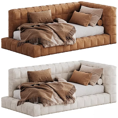 Upholstered Kids Bed in Brown and Beige Colors with Pillows and Blanket 3d model