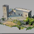 Medieval Castle Structure Featuring Stone Tower Arched Doors And Lush Greenery 3d model