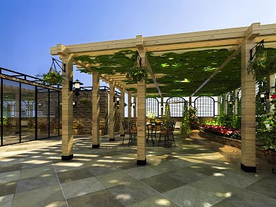 Serene Rooftop Garden With Wooden Pergola Green Vines Tables Chairs And Relaxation Area 3d model