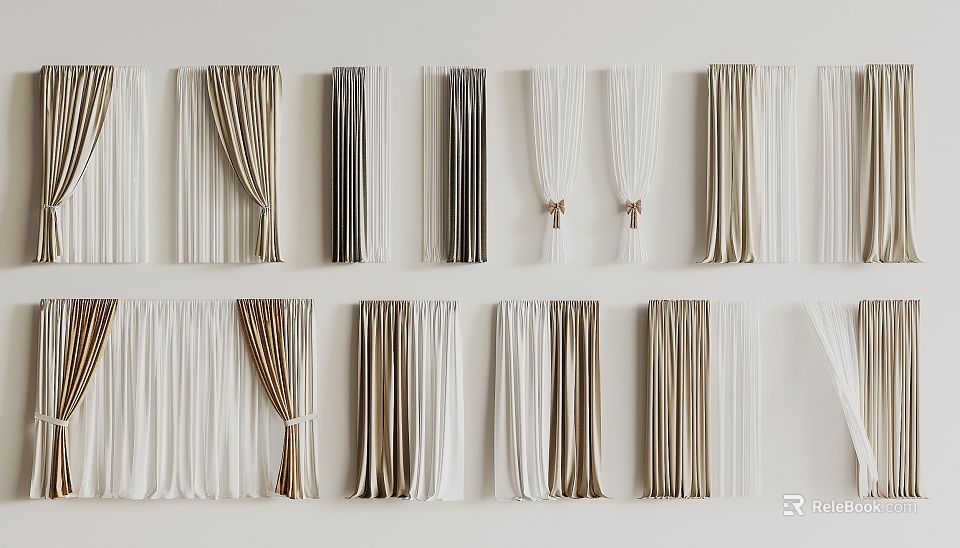 Various Curtain Styles In Different Colors And Textures For Home Window Decor 3d model 