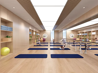People Practicing Yoga In Studio With Blue Mats Yellow Balls And Mirrored Walls 3d model